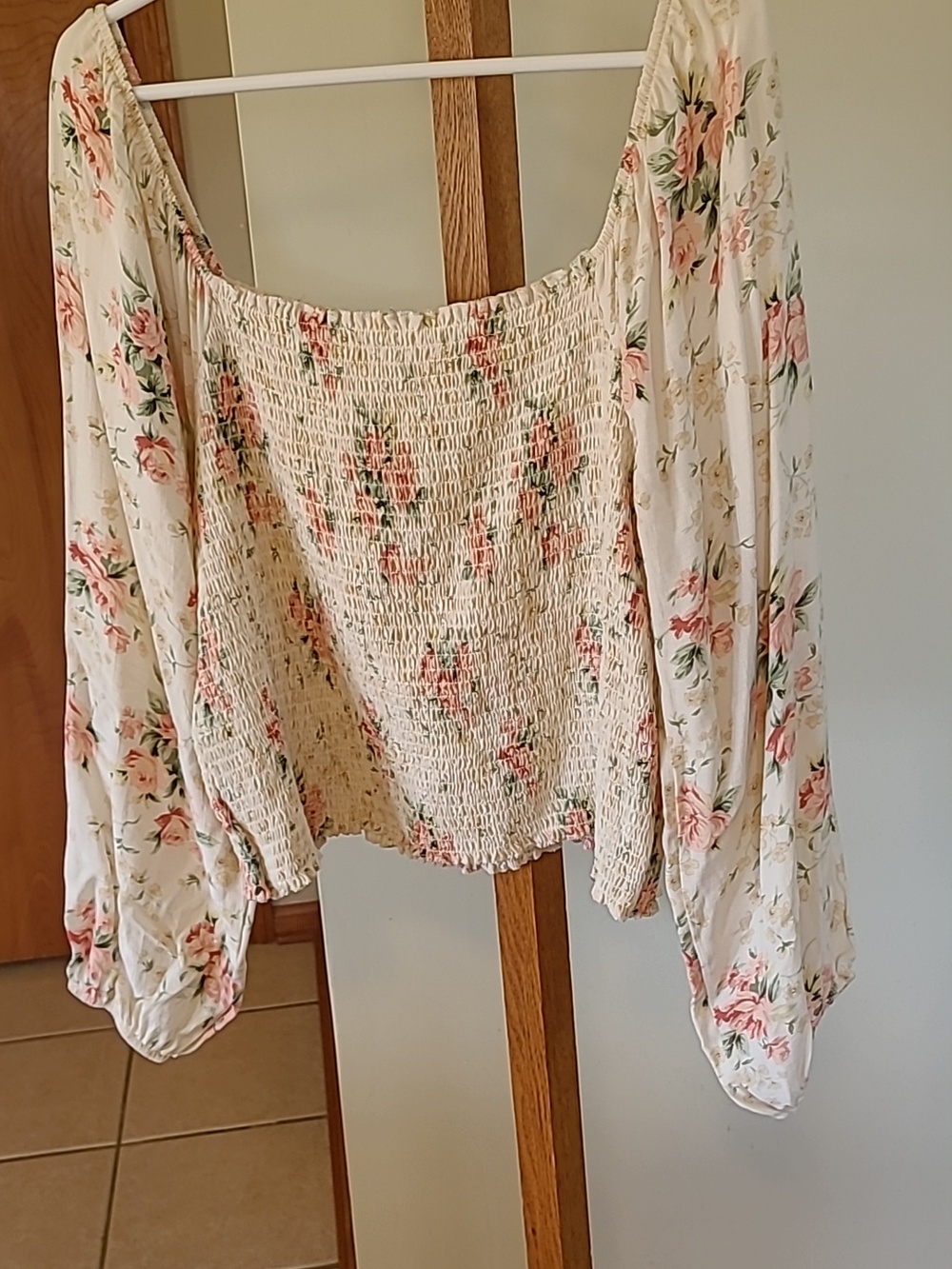 American Eagle Outfitters Cream Floral Smocked Square-Neck Blouse